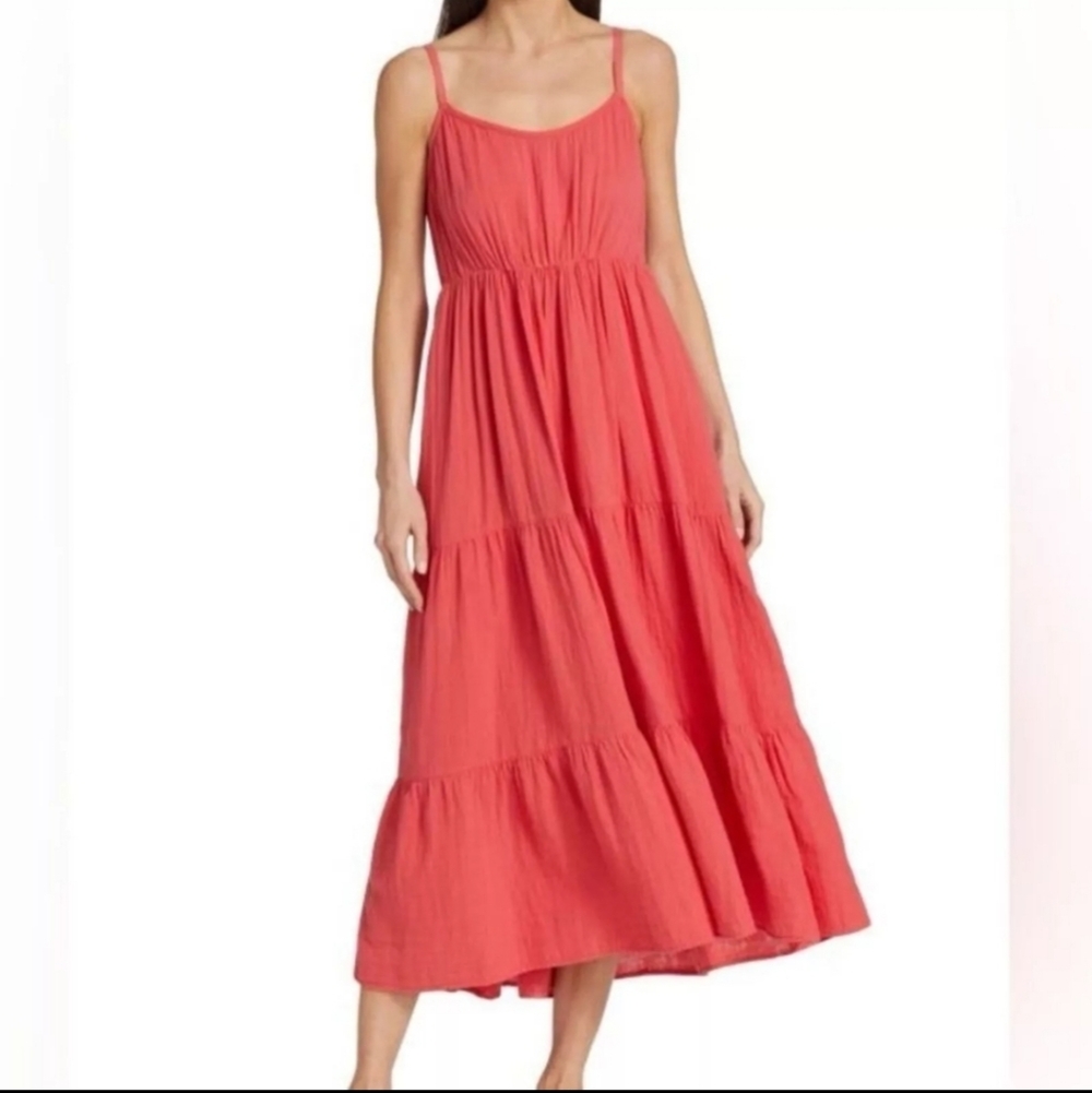 XiRENA Ali Midi Cotton Gauze Tiered Tank Dress in Coral Orange Size Small
